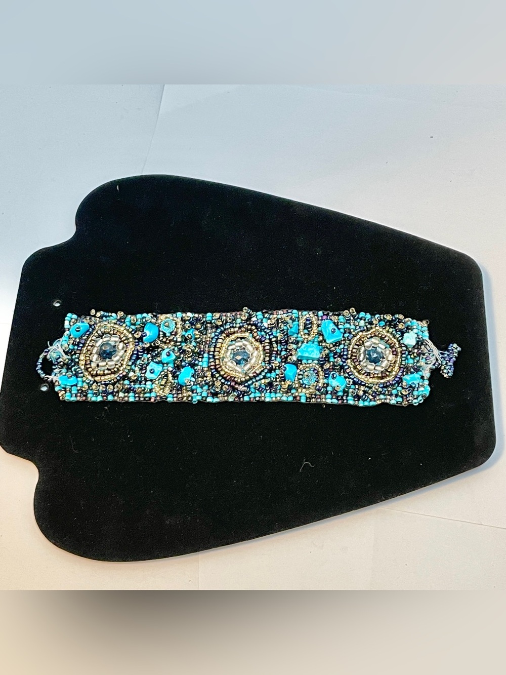 Handmade Seed Bead & Shell Beaded Cuff Bracelet Boho Style, Teal, Navy, Black
